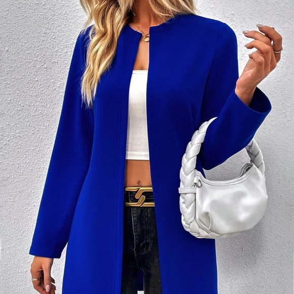 . Jackets & Blazers - Blue Casual Womens Solid Open Front Coat
